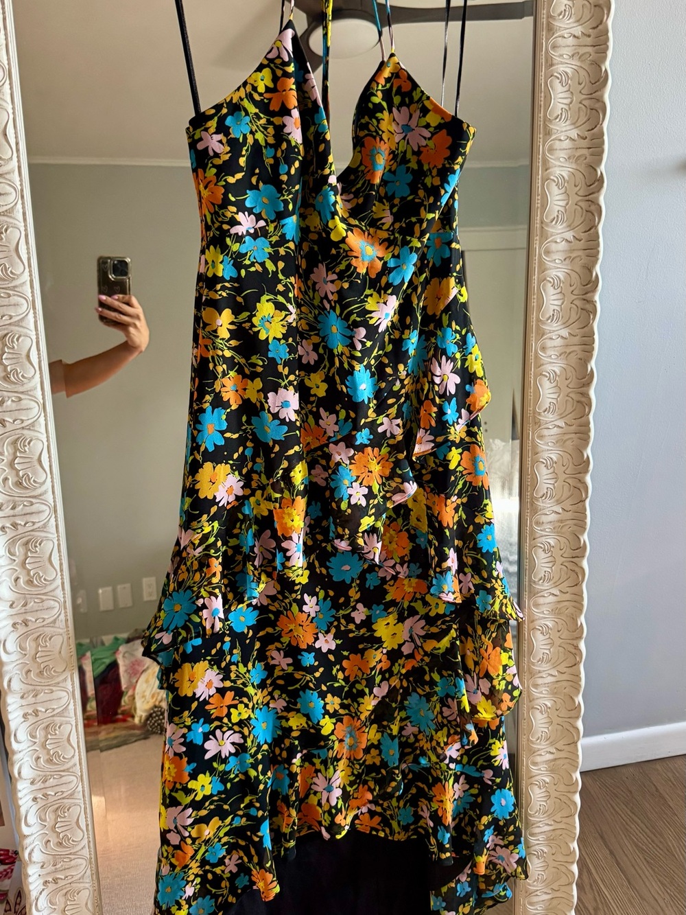 Wayf Black Floral Slip Midi Dress with Blue, Yellow & Pink Blooms